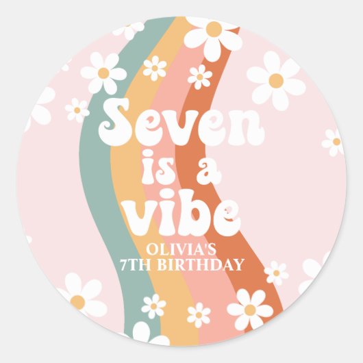 Retro Rainbow Seven is een Vibe Daisy 7th Verjaard Ronde Sticker (Voorkant)