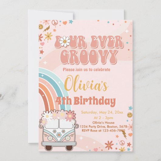 Retro Rainbow Super 4e anniversaire Invitation (Devant)