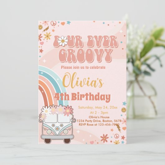 Retro Rainbow Super 4e anniversaire Invitation (Debout devant)