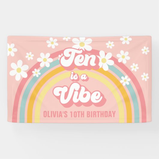 Retro Rainbow Ten is een Vibe Groovy 10e verjaarda Spandoek (Horizontaal)