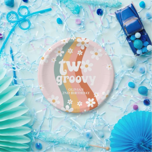 Retro Rainbow Two Groovy Daisy Papieren Bordje (Feest)