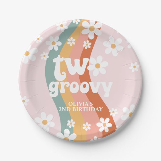 Retro Rainbow Two Groovy Daisy Papieren Bordje (Voorkant)