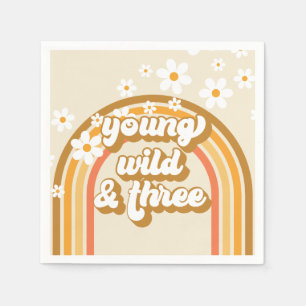 Retro Rainbow Young Wild and Three Birthday Paper Servet