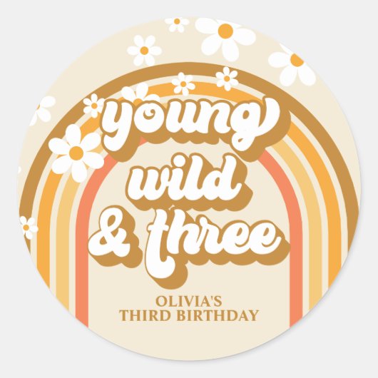 Retro Rainbow Young Wild and Three Birthday Ronde Sticker (Voorkant)