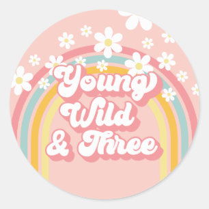 Retro Rainbow Young Wild en Drie 3e Verjaardag Ronde Sticker