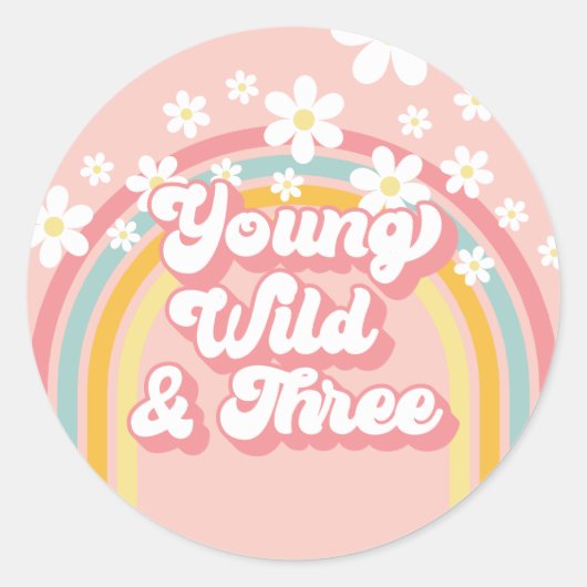 Retro Rainbow Young Wild en Drie 3e Verjaardag Ronde Sticker (Voorkant)