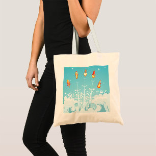 Retro-raketschip lanceert futuristische ruimtekuns tote bag