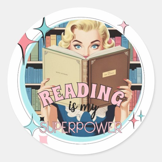 Retro Reading is mijn Superpower Bookish Gezegde Ronde Sticker (Voorkant)