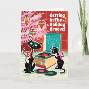 Retro Record Player Cats Christmas-Kaarten Feestdagen Kaart