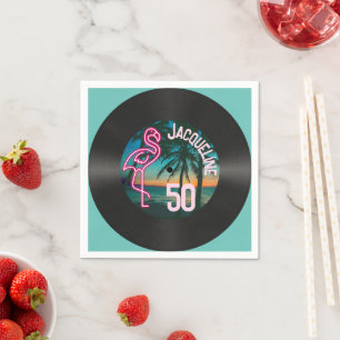 Retro Record Tropische Neon Flamingo 50e verjaarda Servet