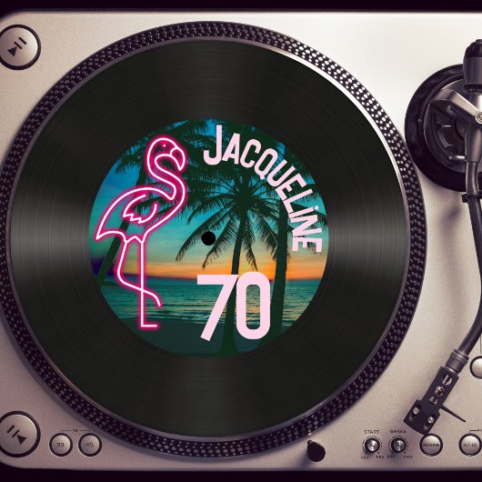Retro Record Tropische Neon Flamingo 70e verjaarda Kaart