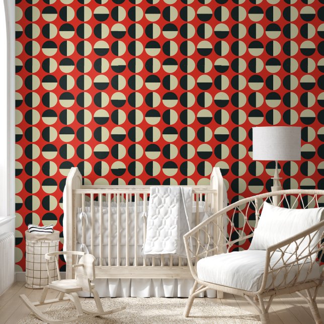 Retro Red Black Beige Dot Sixties Patroon Behang (Kinderen)