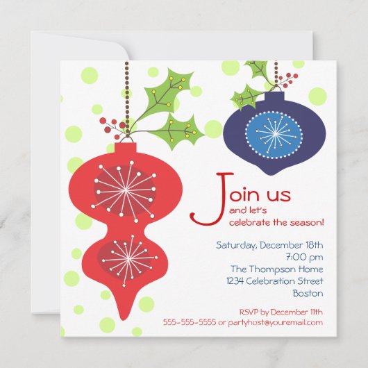 Retro Red & Blue Ornament Holiday Party Uitnodigin Kaart (Voorkant)
