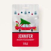 Retro Red Car met kerstboom Badge (Voorkant)