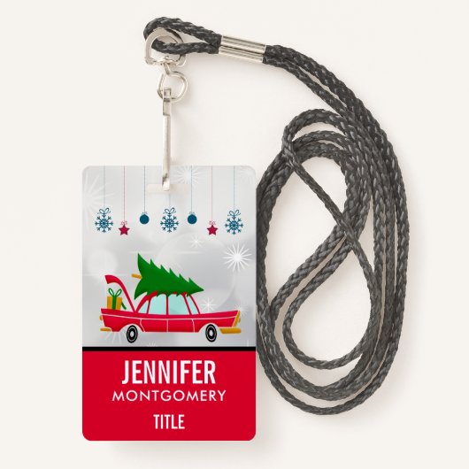 Retro Red Car met kerstboom Badge (Voorkant met draagriem)