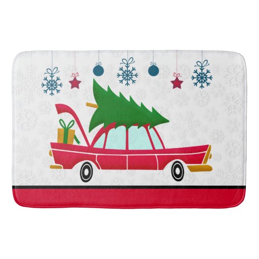 Retro Red Car met kerstboom Badmat (Voorkant)