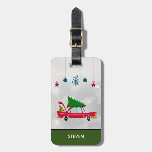 Retro Red Car met kerstboom Bagagelabel (Voorkant verticaal)