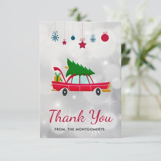 Retro Red Car met kerstboom Dank u Bedankkaart (Staand voorkant)