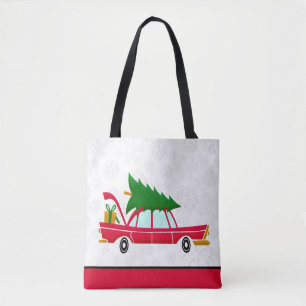 Retro Red Car met kerstboom Draagtas