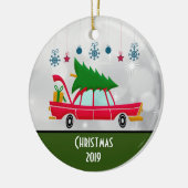 Retro Red Car met kerstboom Keramisch Ornament (Links)