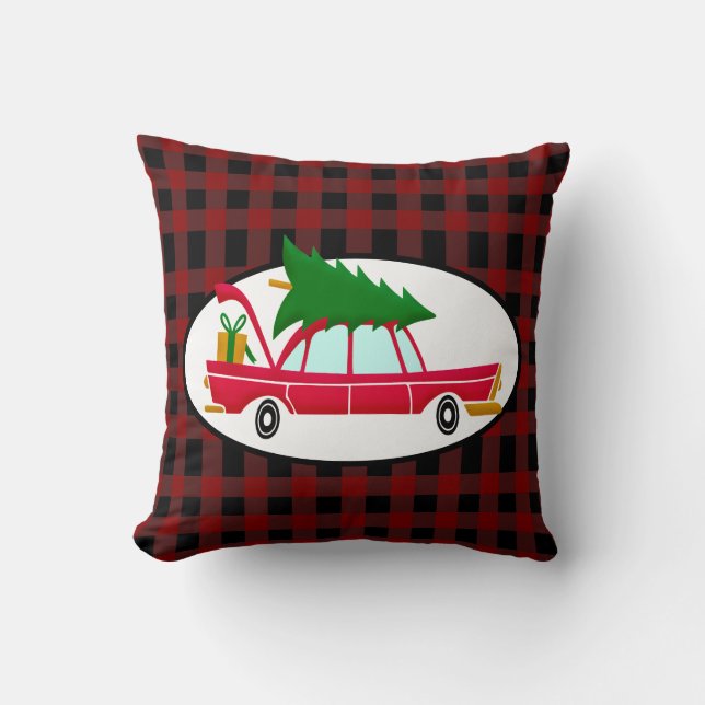 Retro Red Car met kerstboom Kussen (Voorkant)