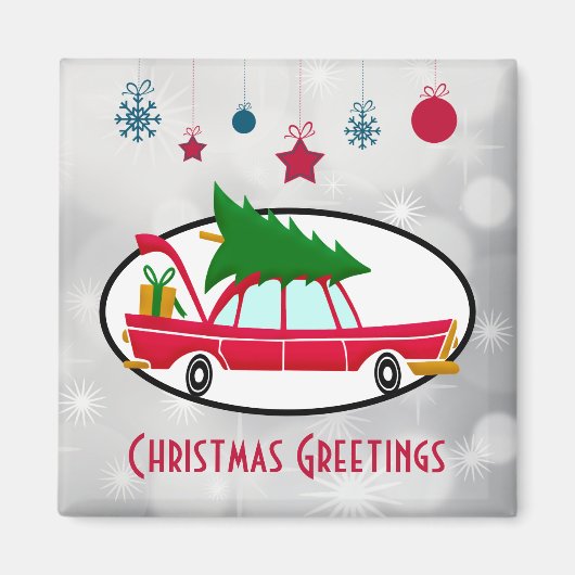 Retro Red Car met kerstboom Magneet (Voorkant)