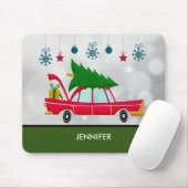Retro Red Car met kerstboom Muismat (Met muis)