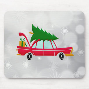 Retro Red Car met kerstboom Muismat