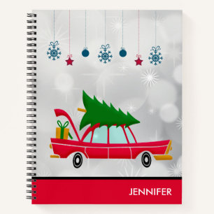 Retro Red Car met kerstboom Notitieboek
