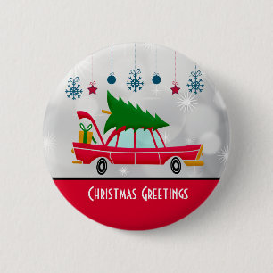 Retro Red Car met kerstboom Ronde Button 5,7 Cm