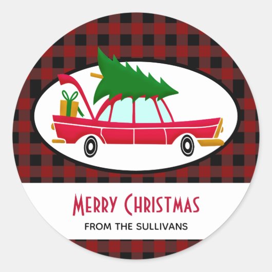Retro Red Car met kerstboom Ronde Sticker (Voorkant)