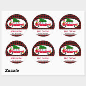 Retro Red Car met kerstboom Ronde Sticker (Vel)