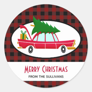 Retro Red Car met kerstboom Ronde Sticker