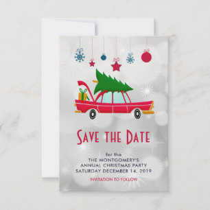Retro Red Car met kerstboom Save The Date