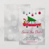 Retro Red Car met kerstboom Save The Date (Voorkant / Achterkant)
