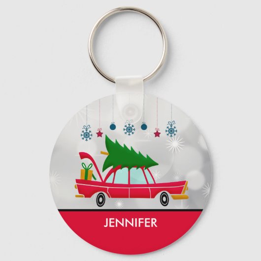 Retro Red Car met kerstboom Sleutelhanger (Voorkant)