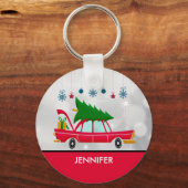 Retro Red Car met kerstboom Sleutelhanger (Voorkant)