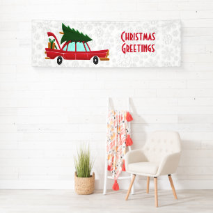 Retro Red Car met kerstboom Spandoek