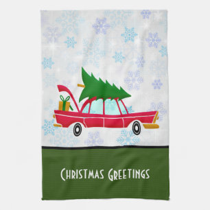Retro Red Car met kerstboom Theedoek