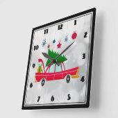 Retro Red Car met kerstboom Vierkante Klok (Hoek)