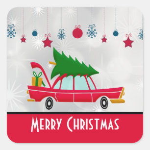 Retro Red Car met kerstboom Vierkante Sticker