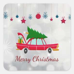 Retro Red Car met kerstboom Vierkante Sticker
