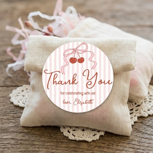 Retro Red Cherries with Pink Bow Script Thank You Ronde Sticker