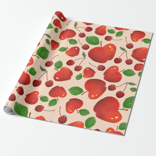 Retro Red Cherry Fruit Orchard Pattern Gift Cadeaupapier (Uitgerold)