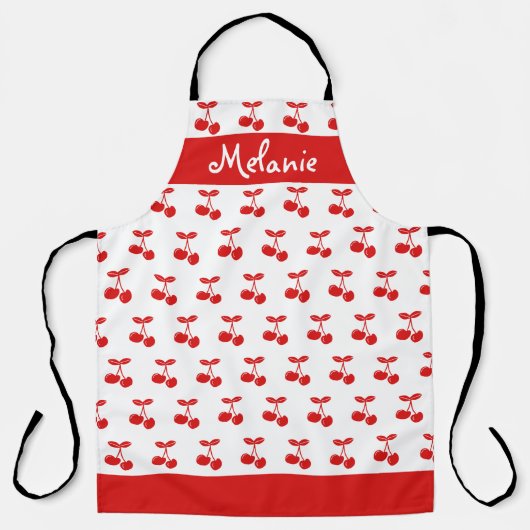 Retro Red Cherry Pattern White, gepersonaliseerd Schort (Voorkant)