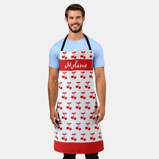 Retro Red Cherry Pattern White, gepersonaliseerd Schort (Gedragen)