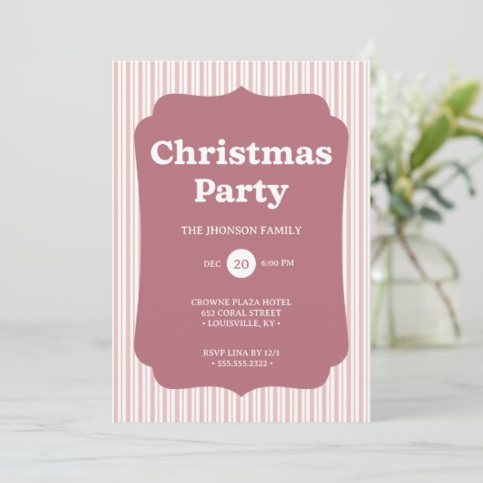 Retro Red Christmas Party Striped Invitation (Debout devant)