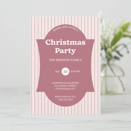 Retro Red Christmas Party Striped Invitation Kaart (Staand voorkant)
