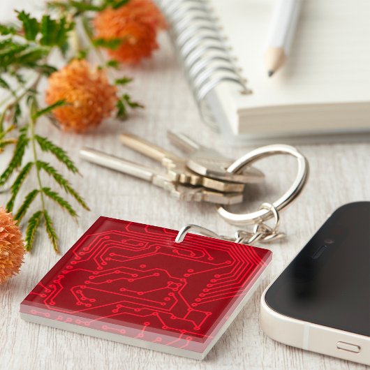 Retro Red Circuit Board Tech Pattern Sleutelhanger
