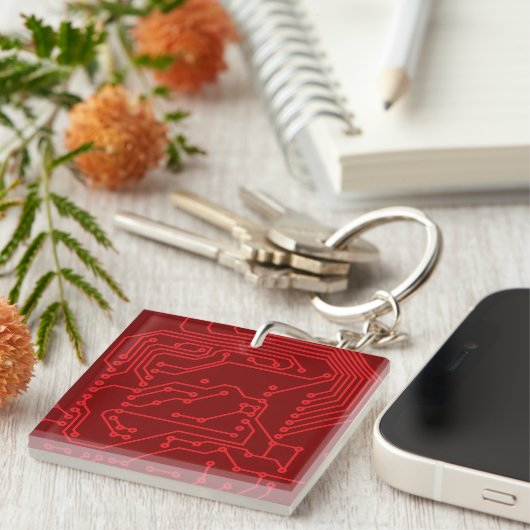 Retro Red Circuit Board Tech Pattern Sleutelhanger (Voorkant Rechts)